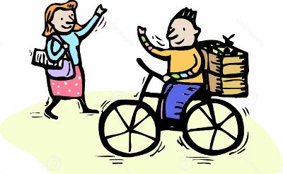 dessin de salutations entre cycliste et piéton