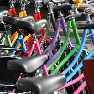 alignement arc en ciel de vélos colorés