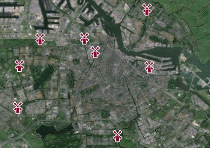 Carte avec les huits Moulins d'Amsterdam