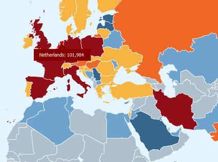 carte montrant l'Europe avec beacoup de pays en rouge et le chiffre 101.000 au dessus des Pays-Bas