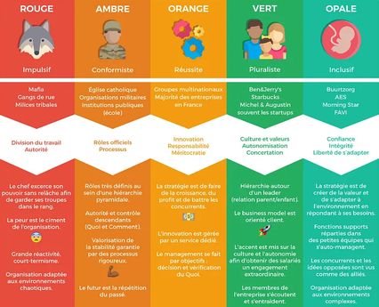 5 bandes de couleur rouge ambre orange vert opale avec explications ci-dessus et illustrations loup soldat engrenages famille fœtus