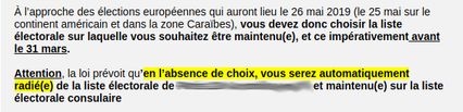 Attention, la loi prévoit qu’en l’absence de choix, vous serez automatiquement radié(e) de la liste électorale de Paris 20e Arrondissement et maintenu(e) sur la liste électorale consulaire d'Amsterdam..