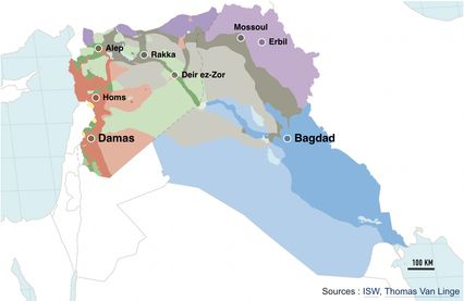 carte des zones controlées par les forces en présence en Syrie et Irak en dec 2015