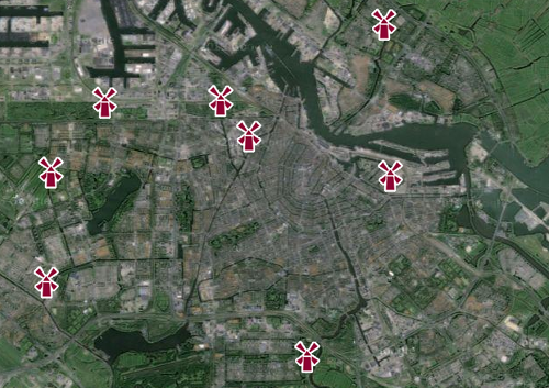 Carte avec les huits Moulins d'Amsterdam