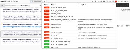 copie d'écran du score de SPAM d'un mail mailjet MEAE