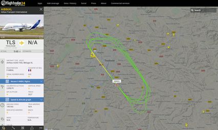 airbus-beluga capturé sur flight radar 24 faisant des ovales sur la carte